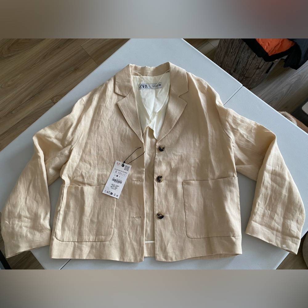 Zara 100% Linen Blazer Jacket Coat Beige Cream Neutral ZW Collection lined S NWT - Picture 16 of 16